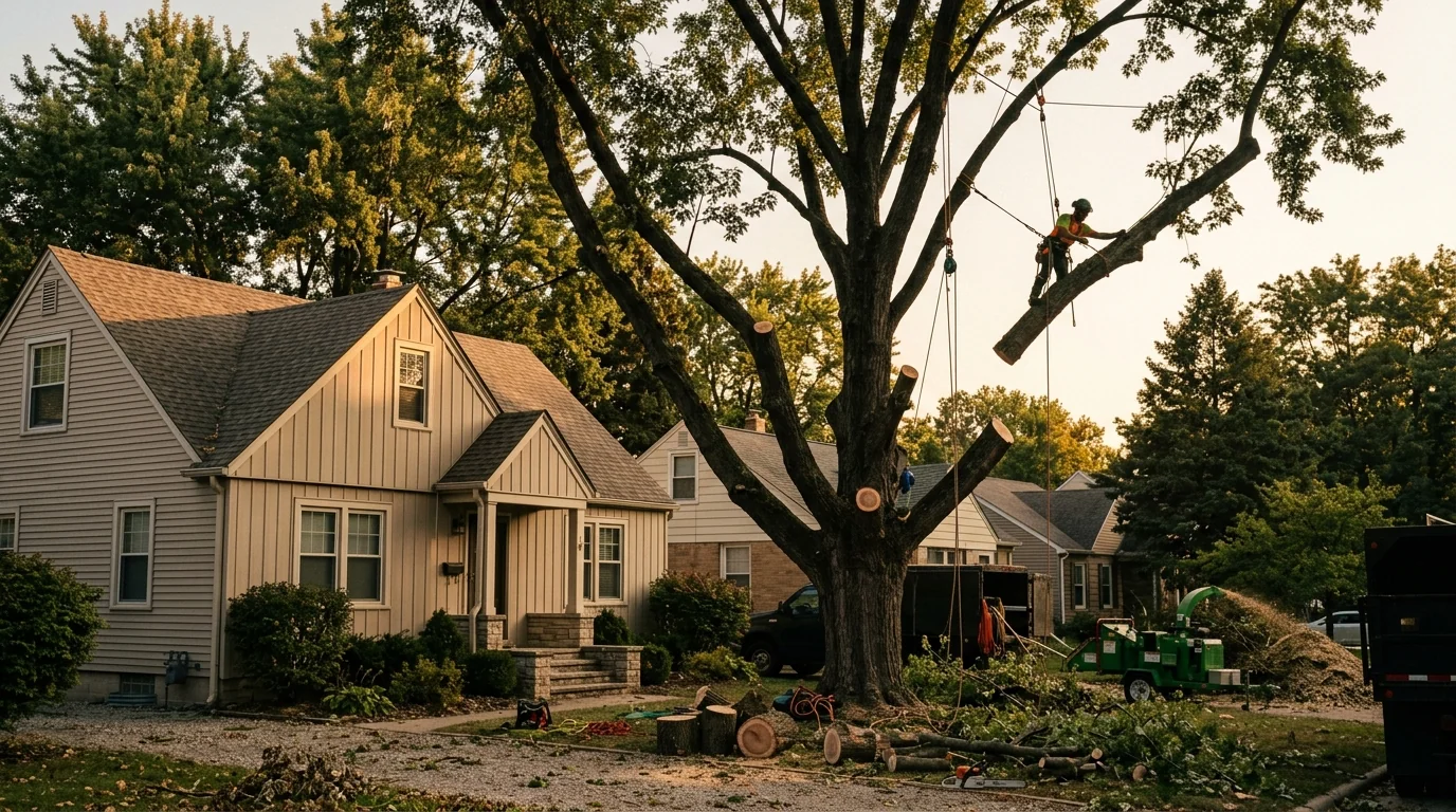 Tree removal crew working near a residential home in Alcoa, Tennessee with the Smoky Mountains visible in the background