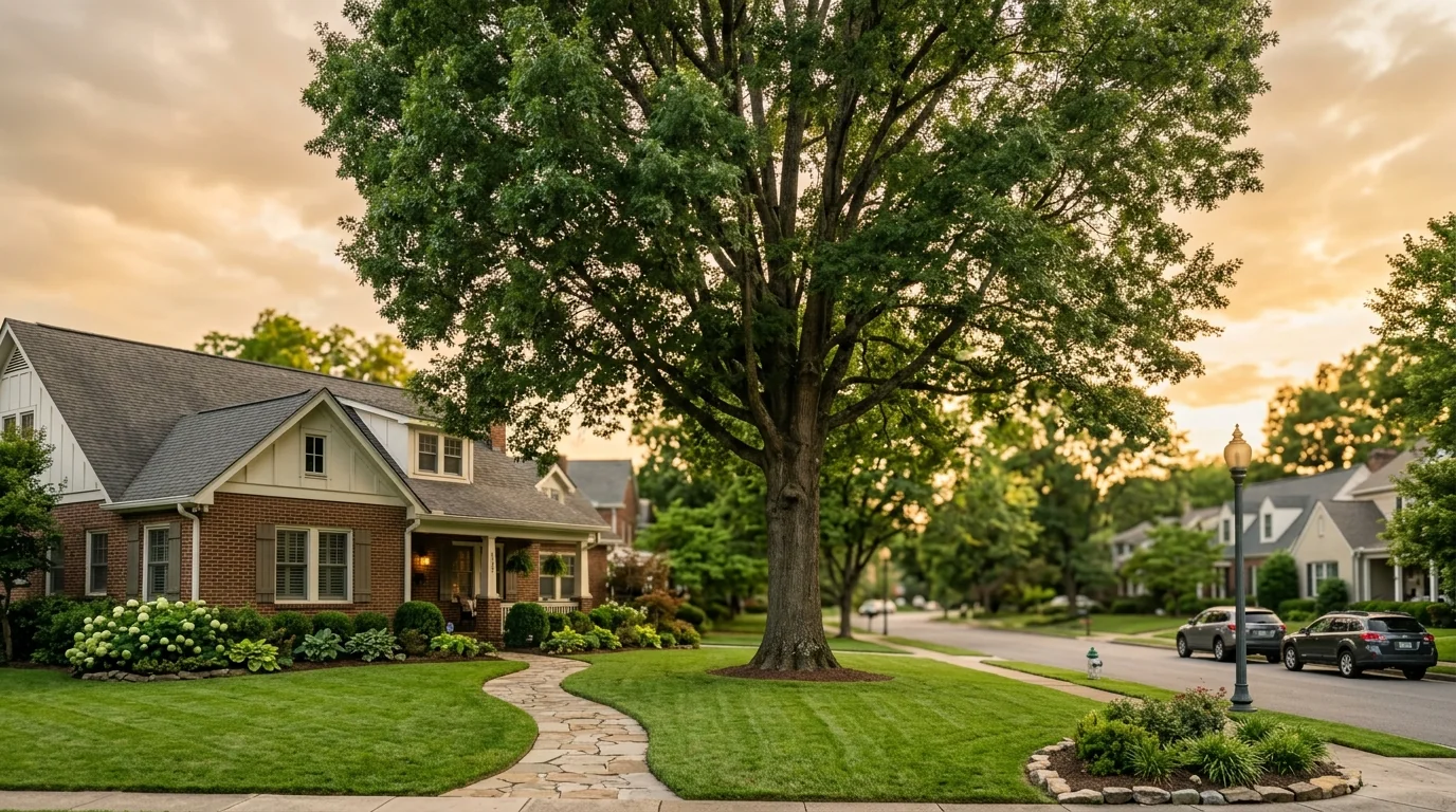 ISA Certified Arborist inspecting an oak tree canopy in a Knoxville residential yard
