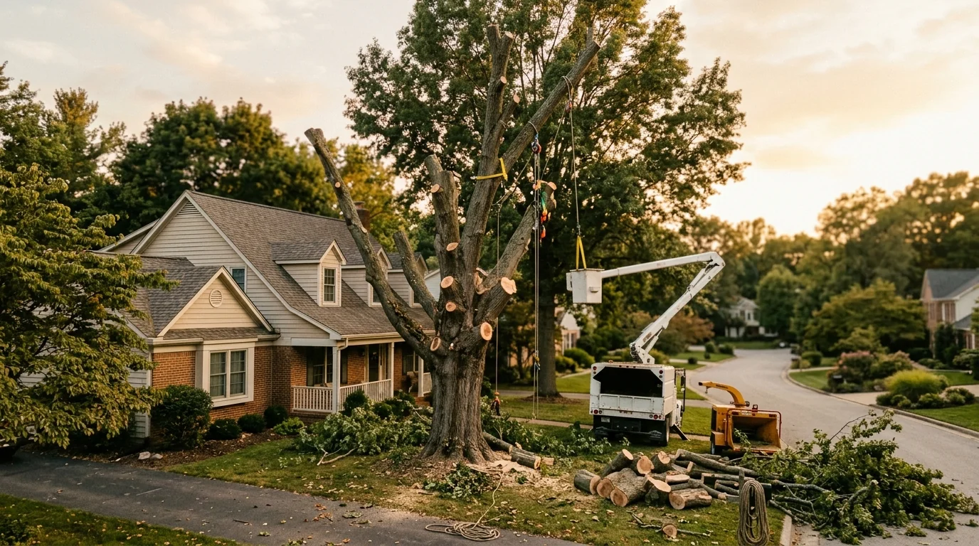 Tree removal crew working on a mature oak in a residential yard in Eagleton Village, Tennessee