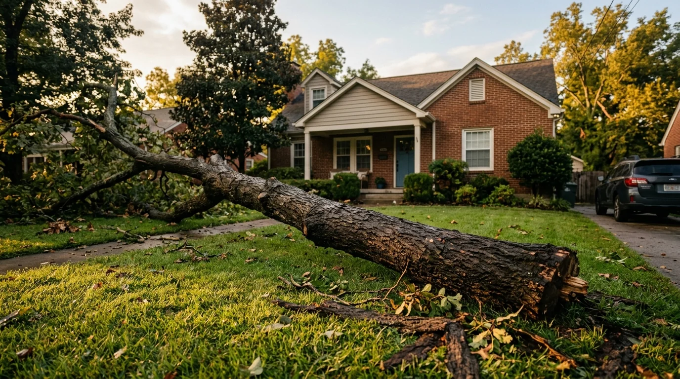 Storm-damaged oak tree leaning against a Knoxville home after a severe weather event, with a tree crew preparing rigging equipment for emergency removal