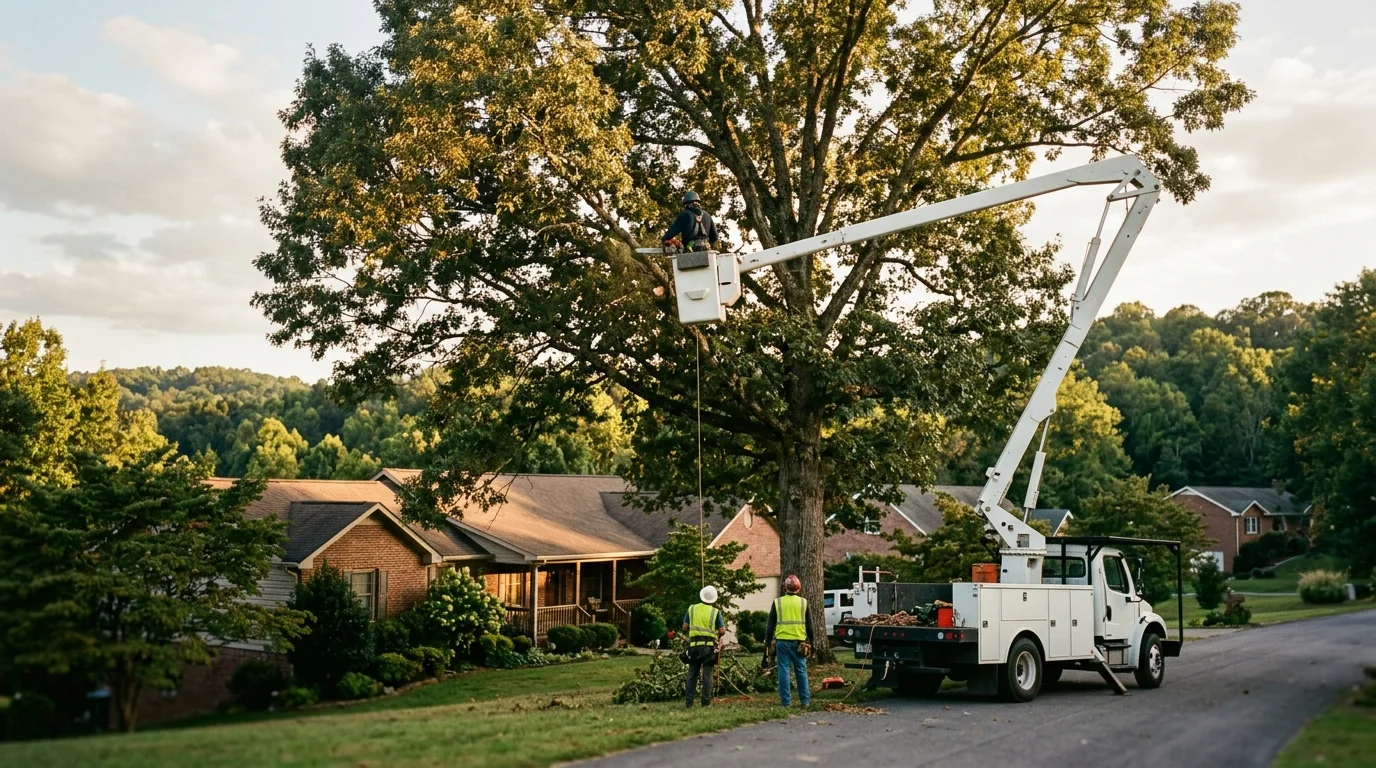 Knoxville tree service crew working a hardwood canopy from a bucket truck on a residential property