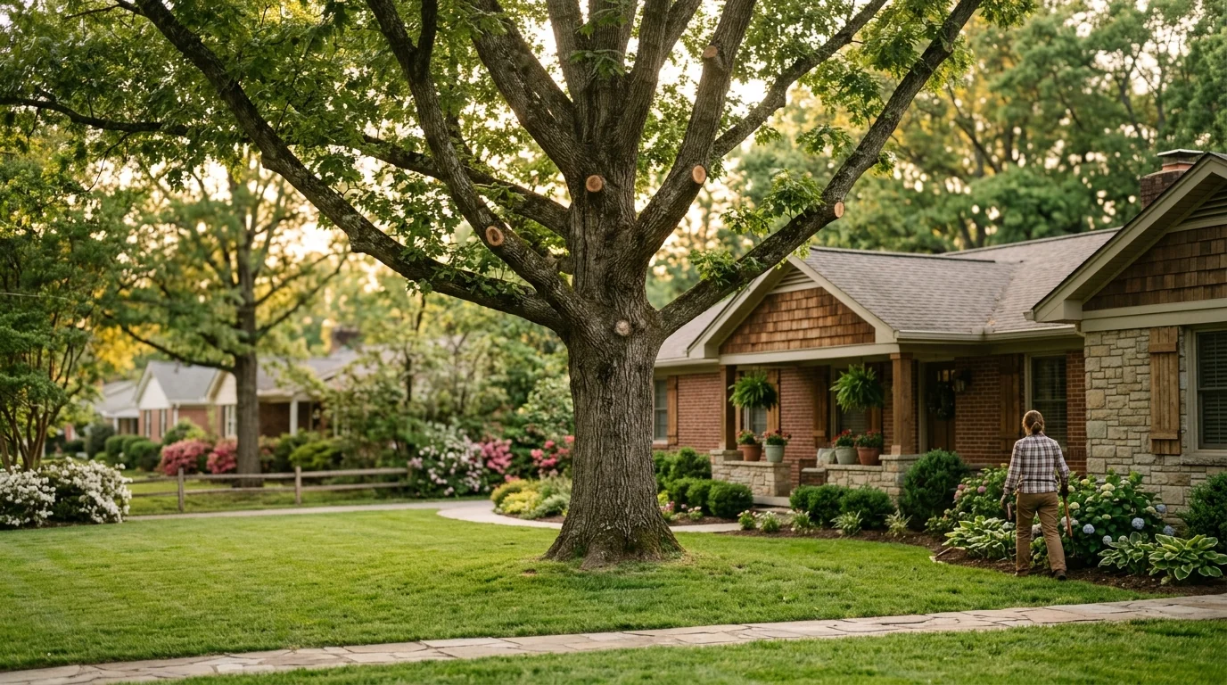 Freshly pruned mature oak tree over a manicured Knoxville, TN front yard at golden hour