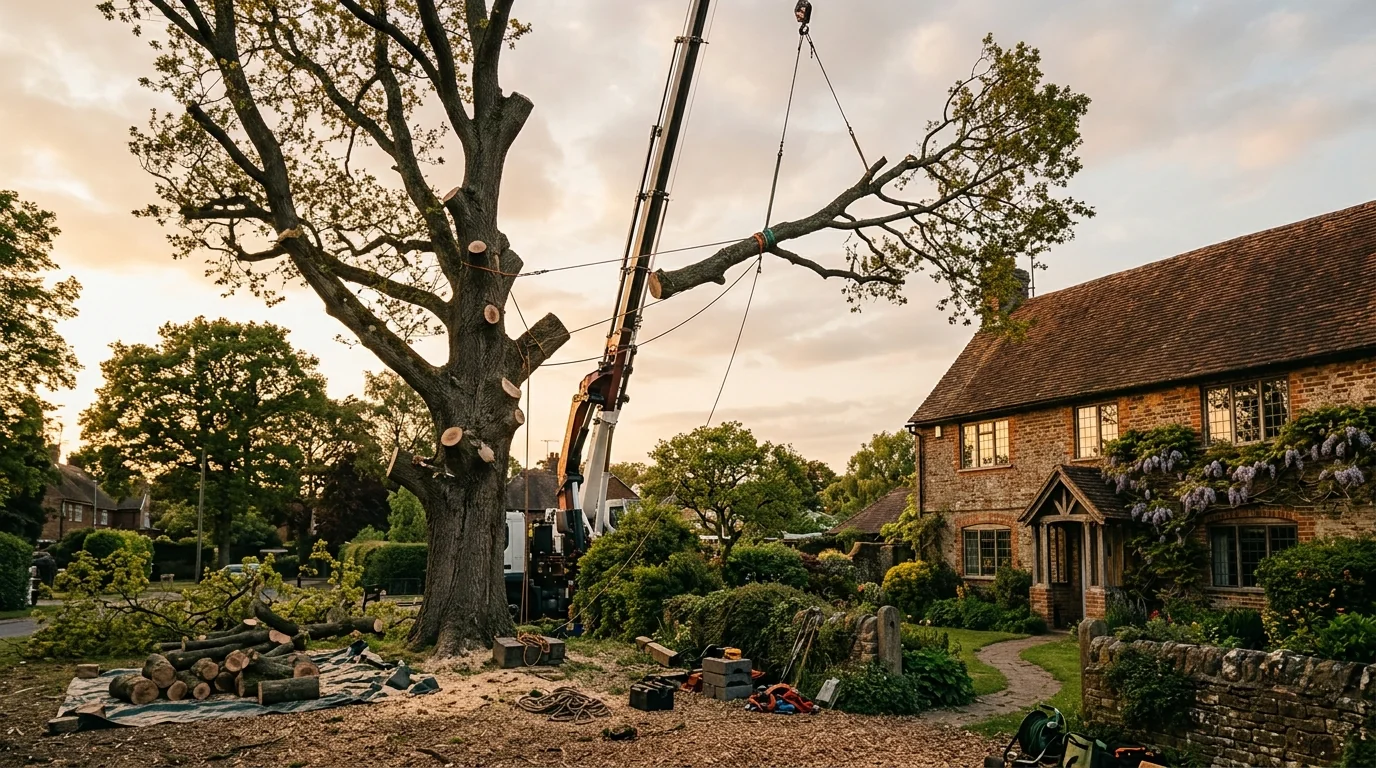 Tree removal crew working on a large oak in a Halls Tennessee residential neighborhood