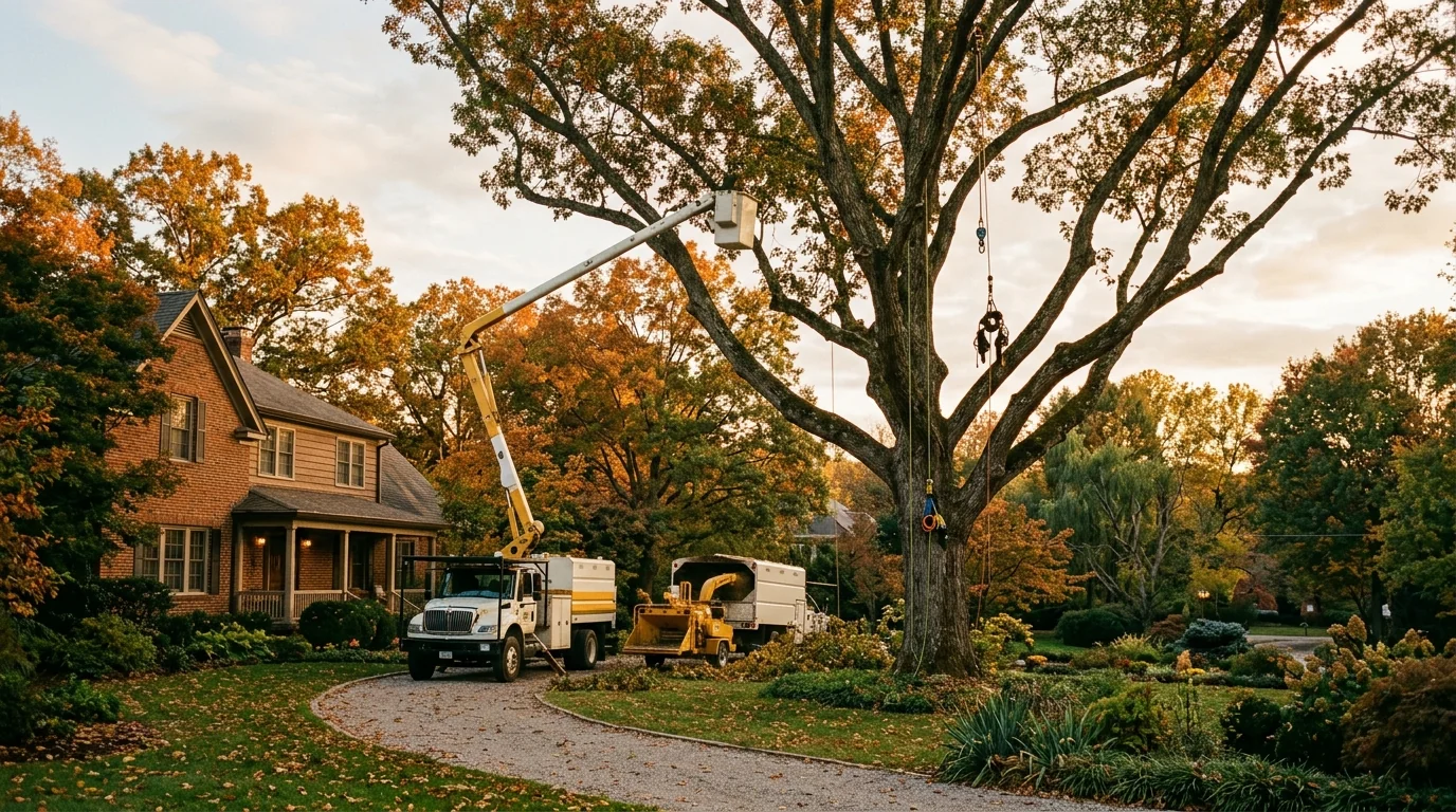 Storm-damaged tree resting on a house roof in Knoxville, TN after a severe weather event