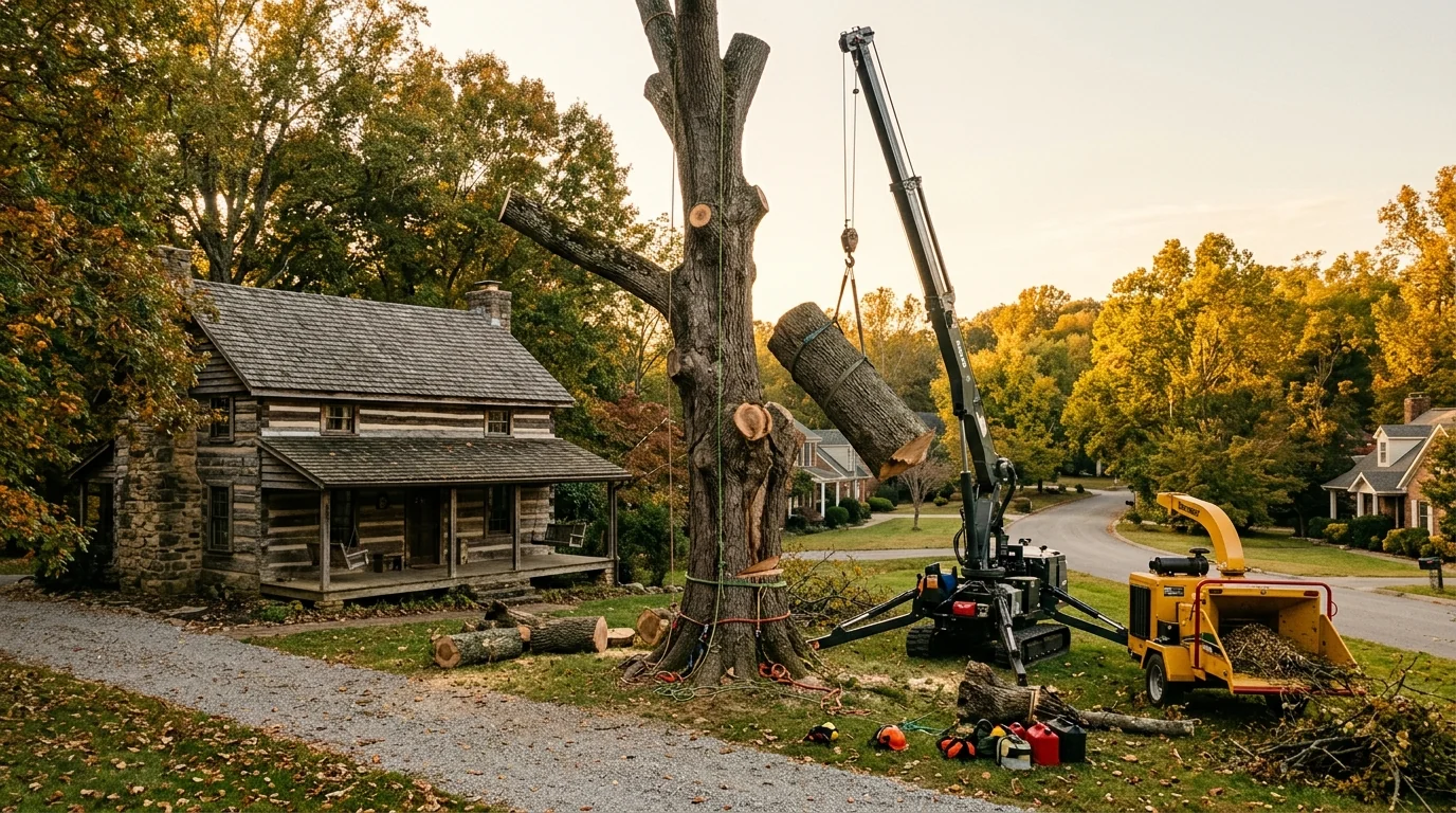 Tree removal crew working on a large oak near a residential home in John Sevier, Tennessee
