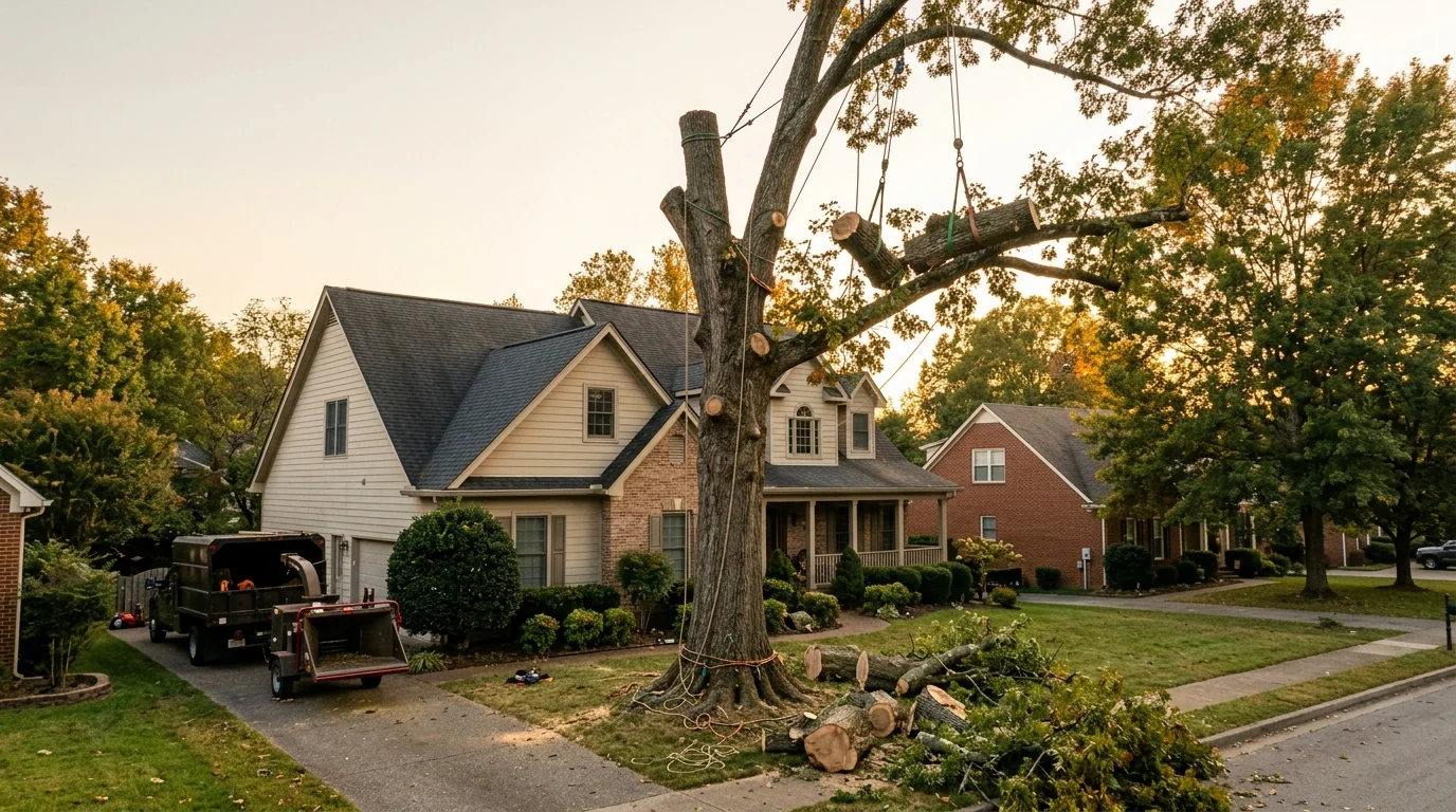 Tree removal crew working on a mature oak in a Karns TN residential neighborhood