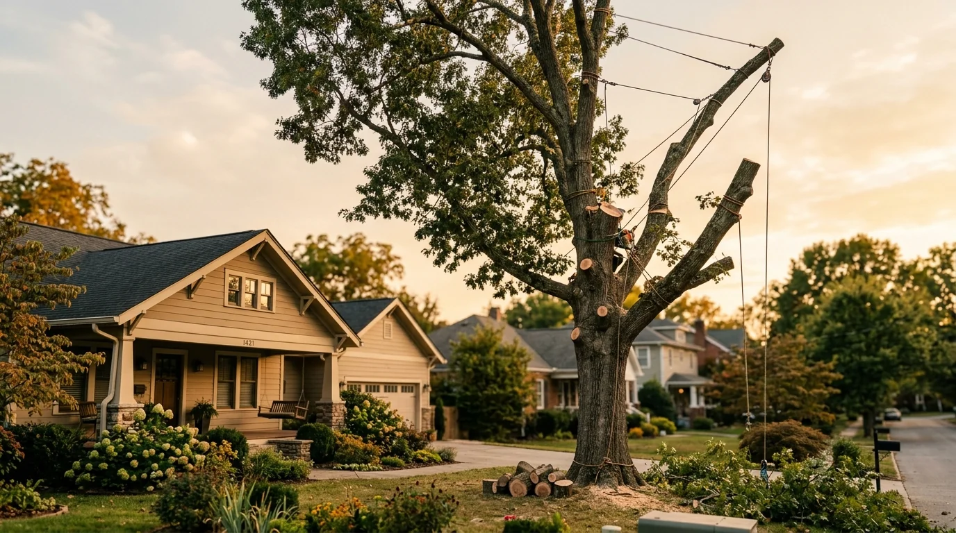 Tree removal crew working on a large oak near a home in Knoxville, Tennessee