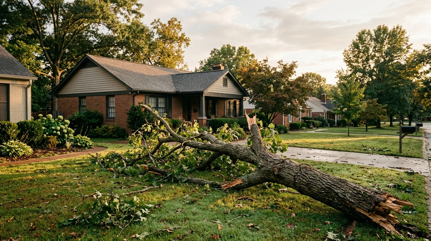 Large oak tree leaning toward a suburban home in Knoxville TN after a storm