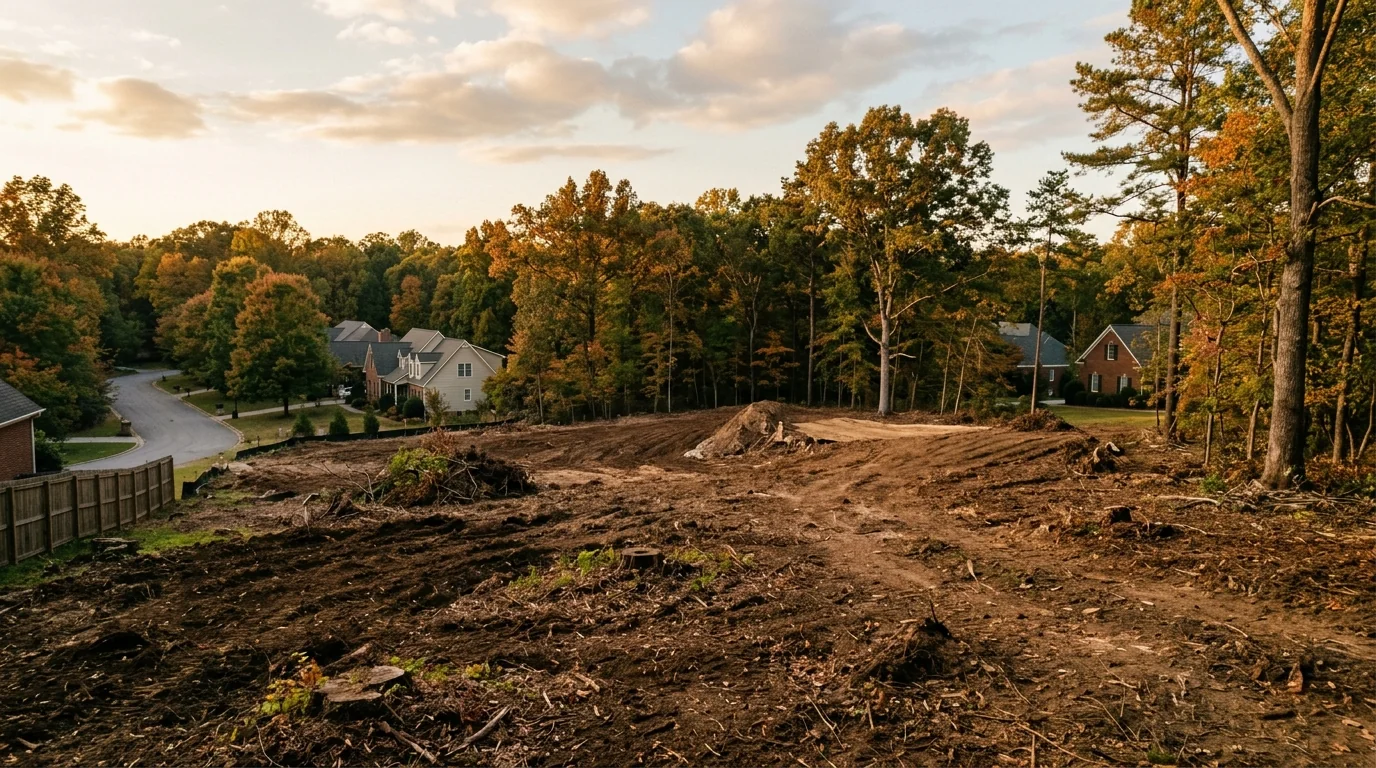 Heavy equipment clearing a wooded residential lot in Knoxville, Tennessee, with hardwoods felled and a chipper operating in the foreground