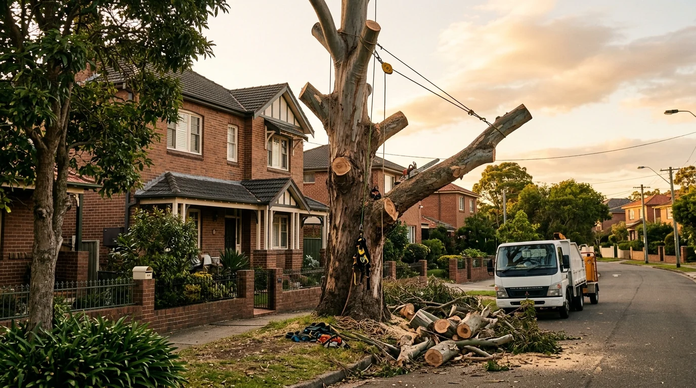 Tree removal crew working near a mature oak in a Mascot Tennessee residential neighborhood