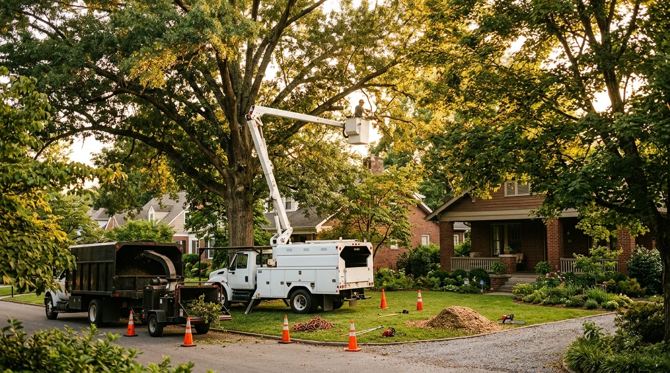 Large oak branch hanging directly over a Knoxville home's shingle roof before storm season