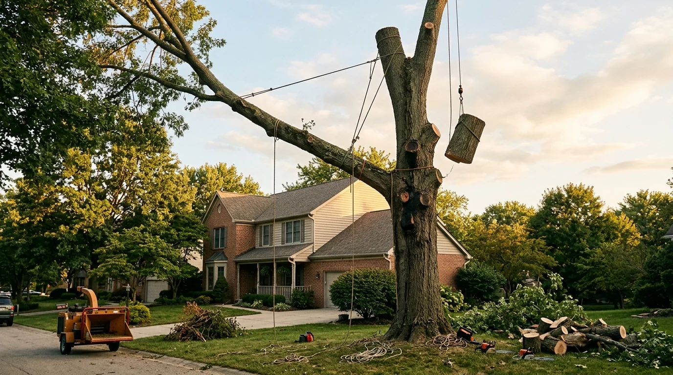 Tree removal crew working on a large oak in a Powell TN residential neighborhood along the Emory Road corridor