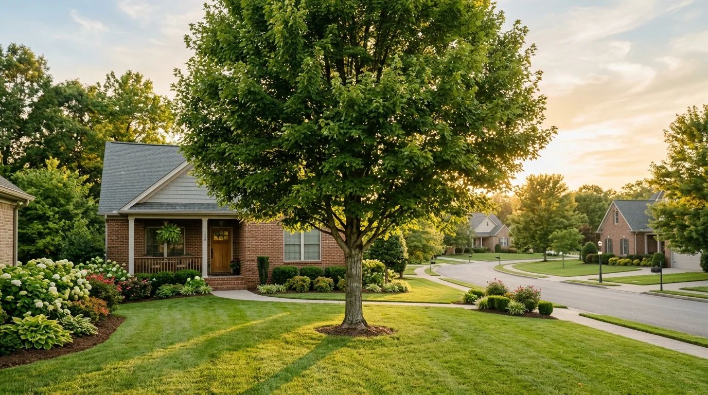 An ISA-certified arborist making a proper pruning cut on a mature oak tree in a Knoxville TN suburban backyard