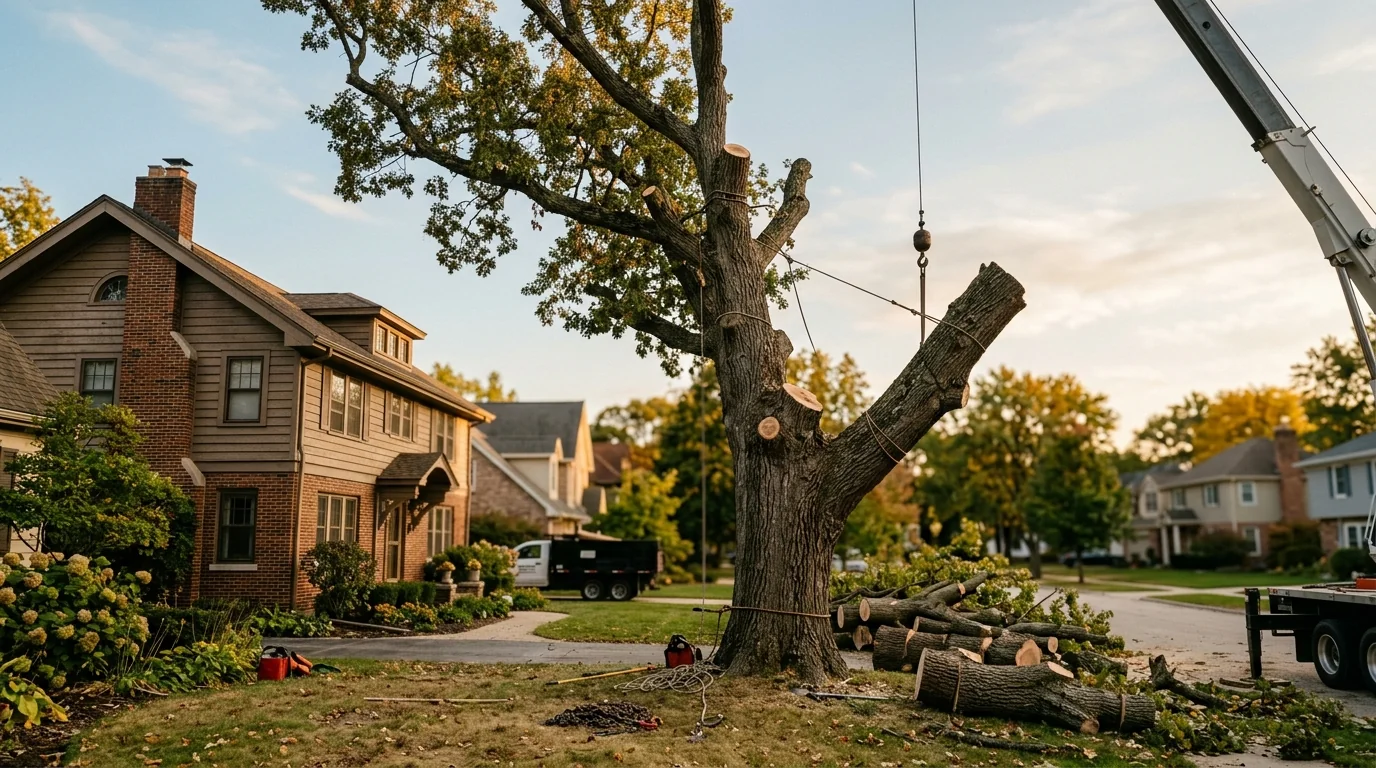 Tree removal crew working on a large oak near a residential home in Rockford, TN with Blount County ridgeline in background