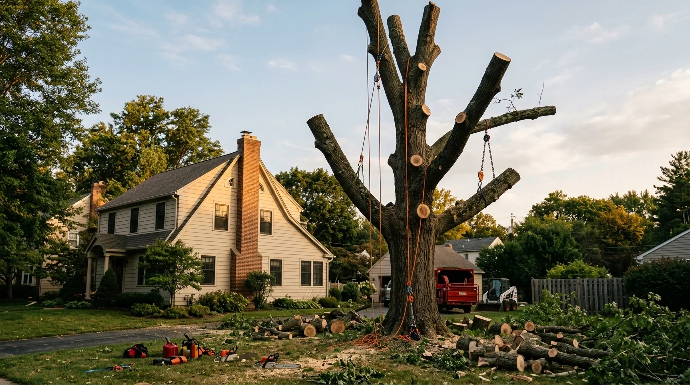 Tree removal crew working on a large oak near a residential home in Seymour, Tennessee