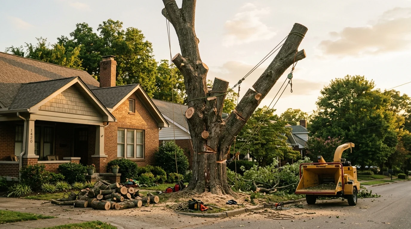 Dead oak tree with peeling bark and sparse canopy in a Knoxville, TN backyard