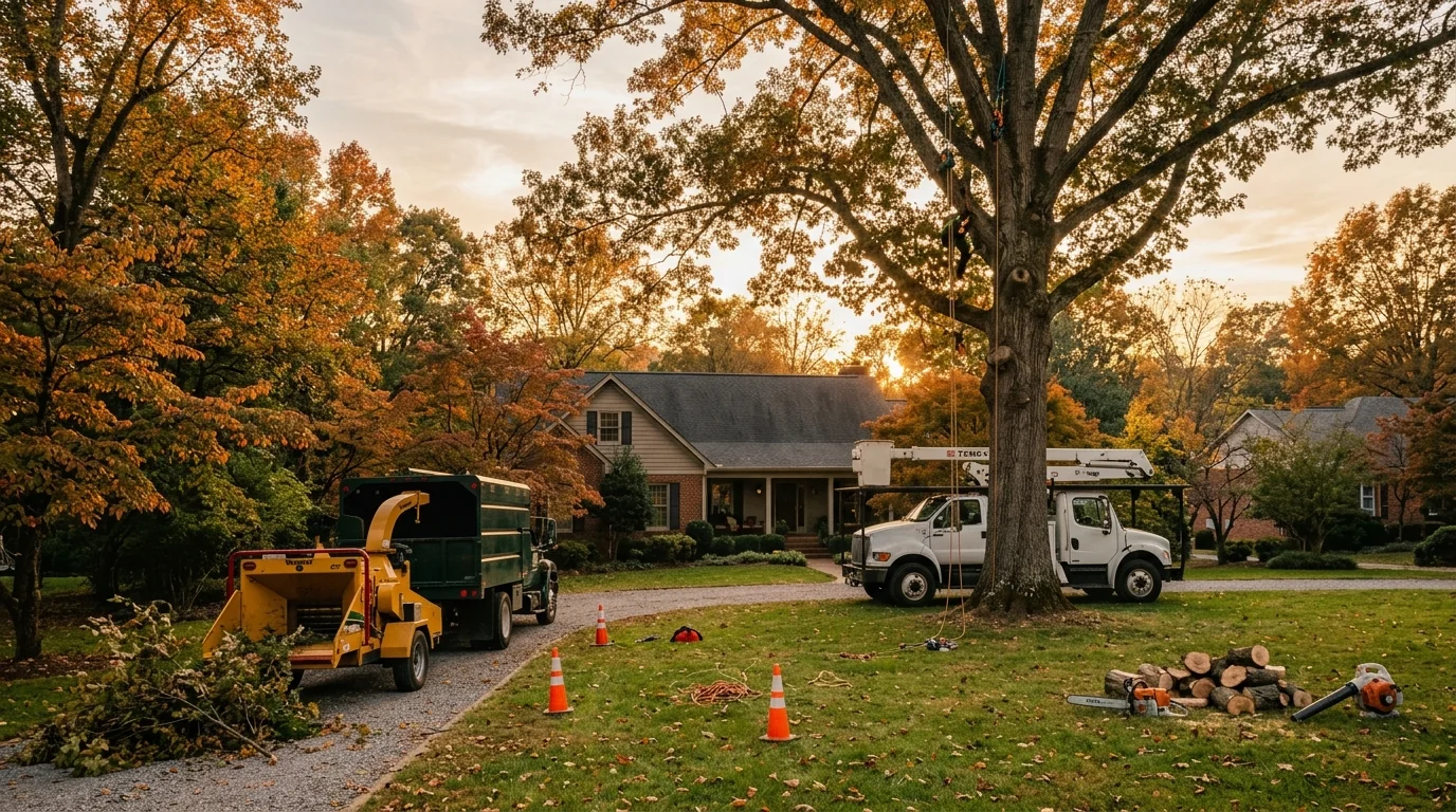 Large oak tree with a visible vertical trunk split in a Knoxville residential yard