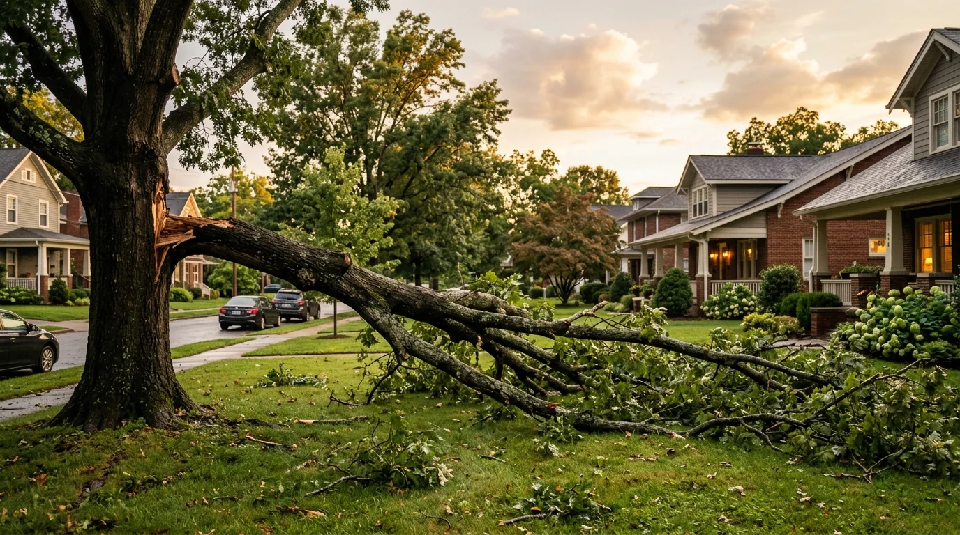 Fallen oak tree resting on a residential roof in a Knoxville neighborhood after a storm