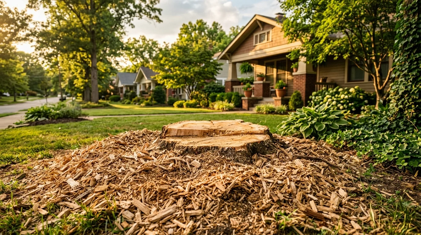 Stump grinder removing a large oak stump in a Knoxville TN residential backyard