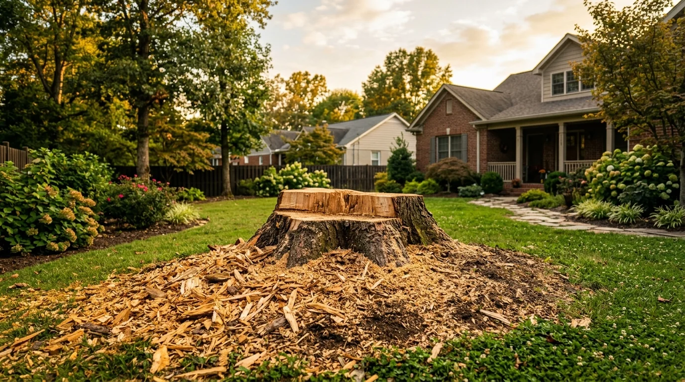 Crew removing a large oak stump from a Knoxville backyard with a mini-excavator