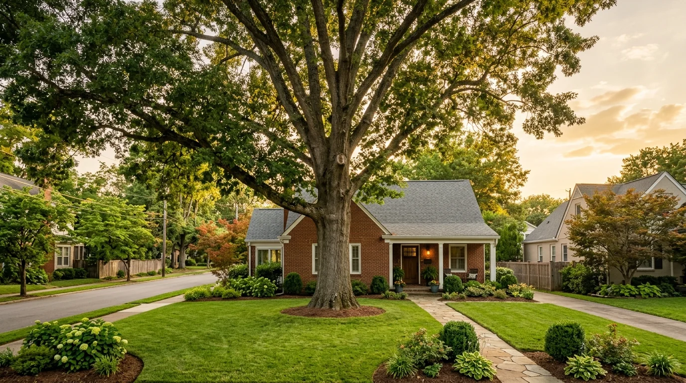 ISA-certified arborist inspecting bark and crown of a large oak tree in a Knoxville TN residential yard