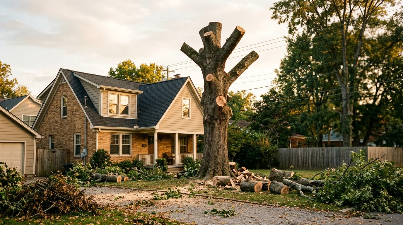 Arborist crew removing a large dead oak tree in a Knoxville TN residential backyard