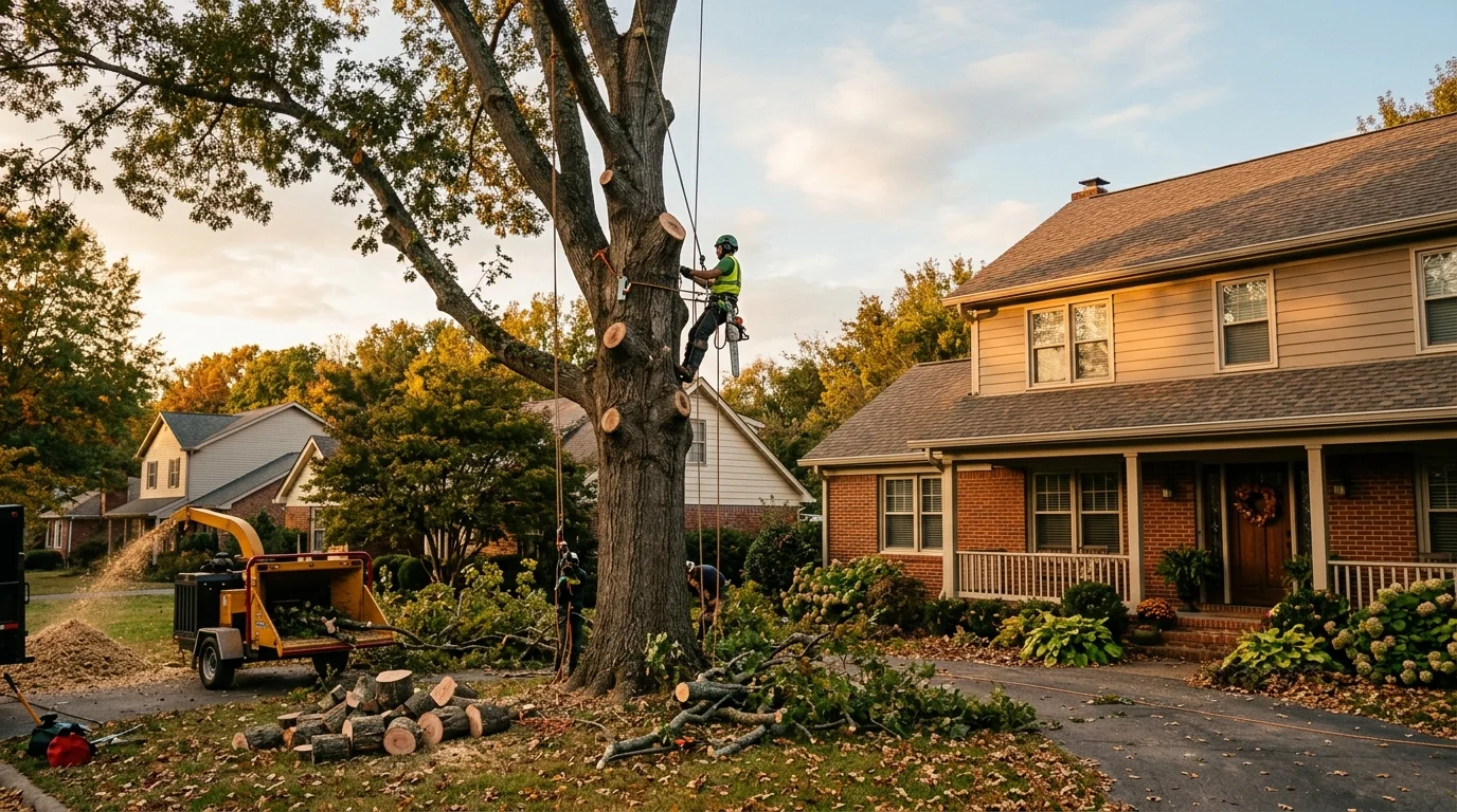 Homeowner reviewing tree removal permit paperwork in a Knoxville, TN backyard
