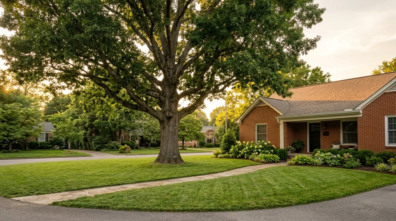 ISA certified arborist inspecting a large oak tree in a residential yard in Knoxville TN