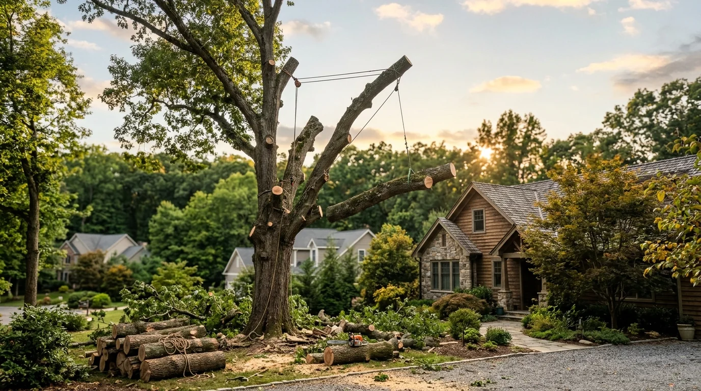 Tree removal crew working on a steep wooded lot in Wildwood Tennessee with Smoky Mountain ridgelines in the background